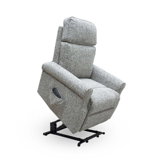 Full view of the Jessica lift and rise recliner chair in moss grey heather woven fabric.