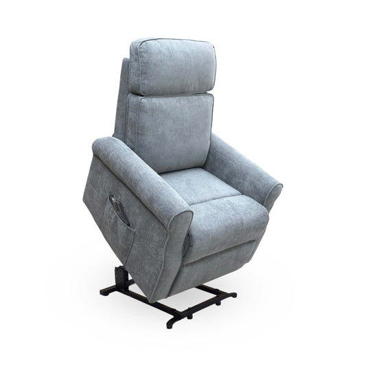 Full view of the Jessica lift and rise recliner chair in dark grey fabric, shown in its standard seated position.