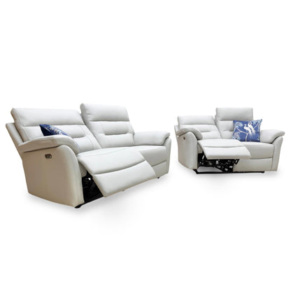 Full view of the Sally 3+2 power recliner sofa set in light grey leather, featuring high backs and padded armrests.
