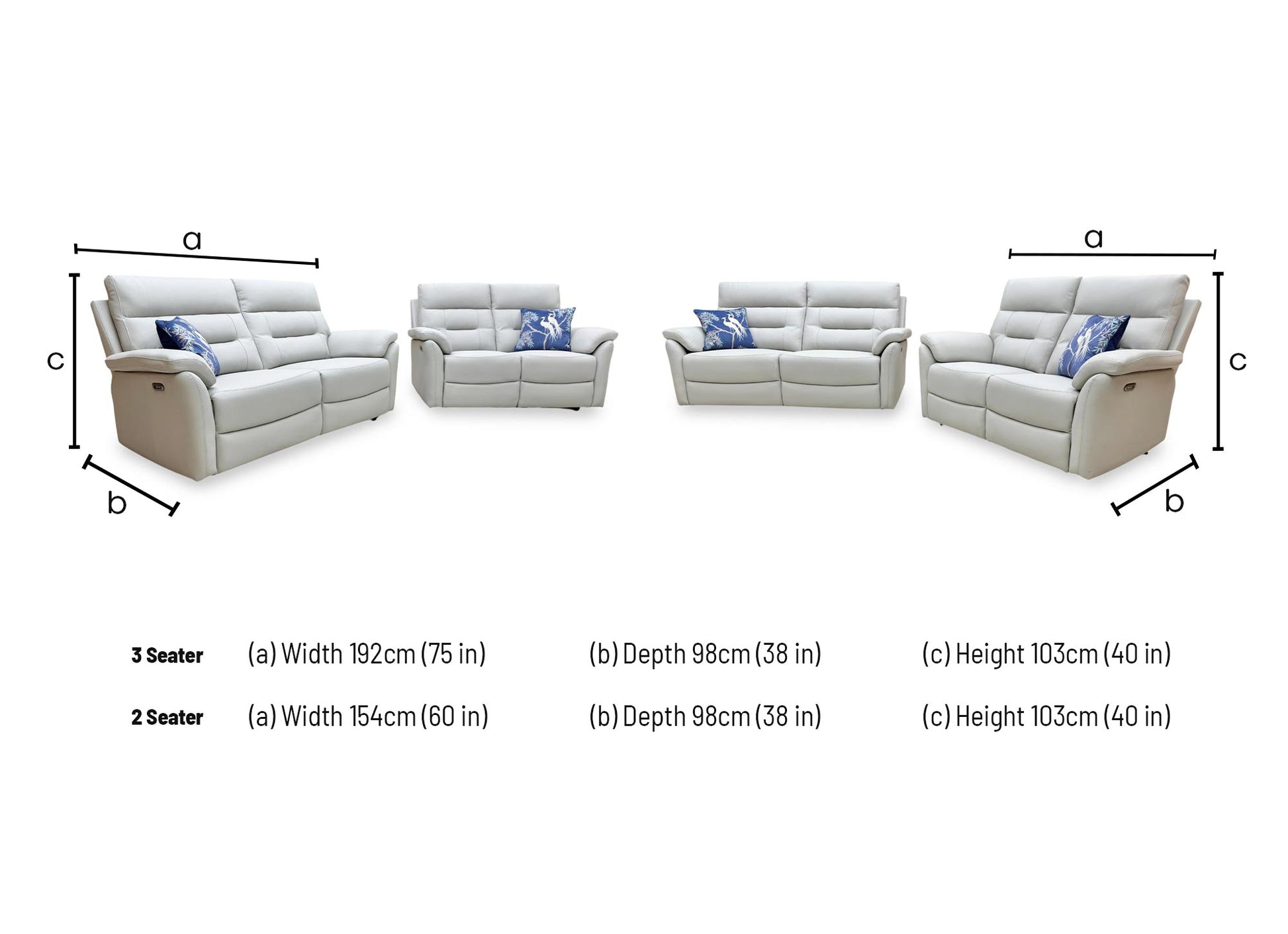 Dimensional technical drawing for the Sally set: 3-seater (192cm x 98cm x 103cm) and 2-seater (154cm x 98cm x 103cm).