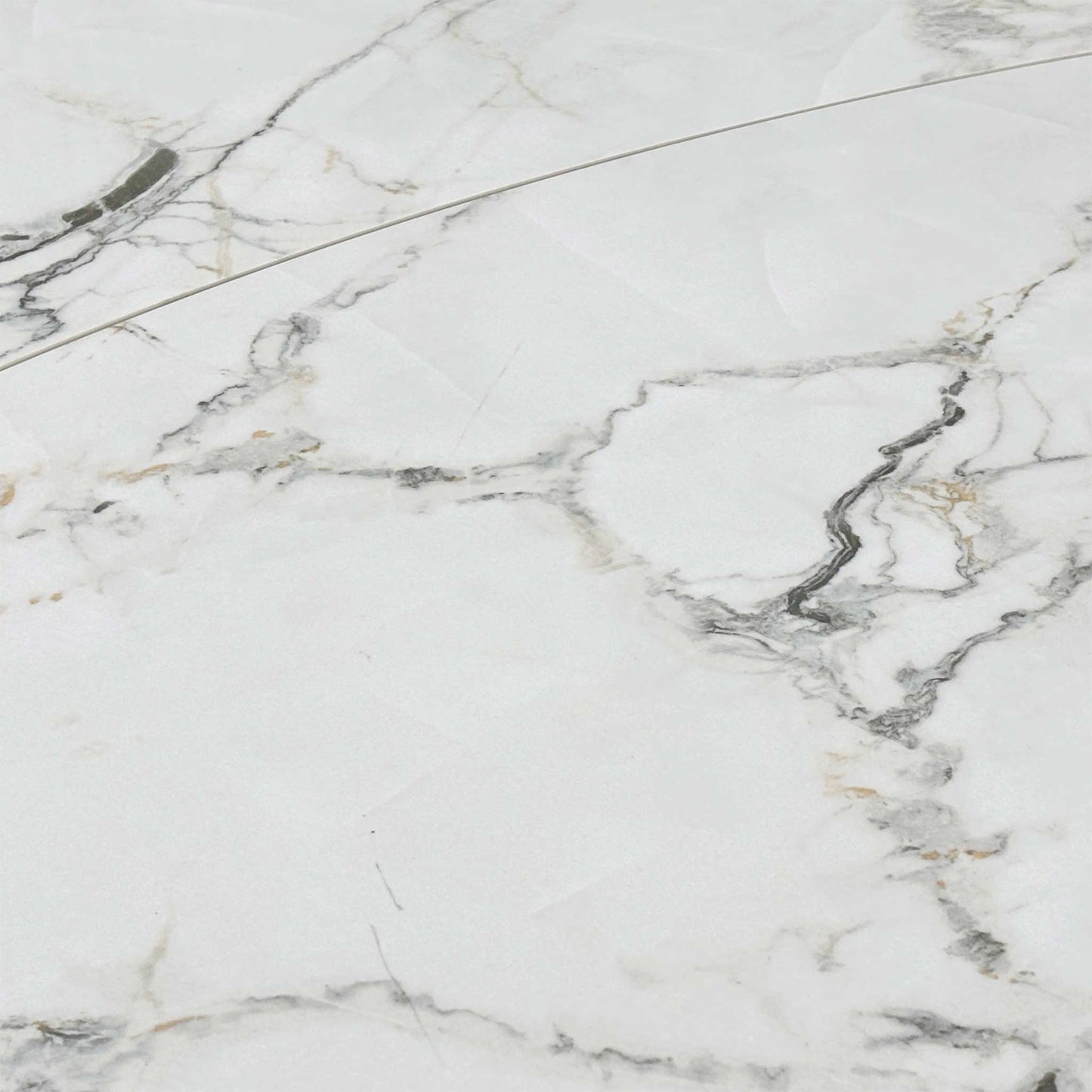 High-definition close-up shot of the white ceramic tabletop, detailing the realistic, intricate grey marble veining pattern and its durable, matte, heat-resistant finish.