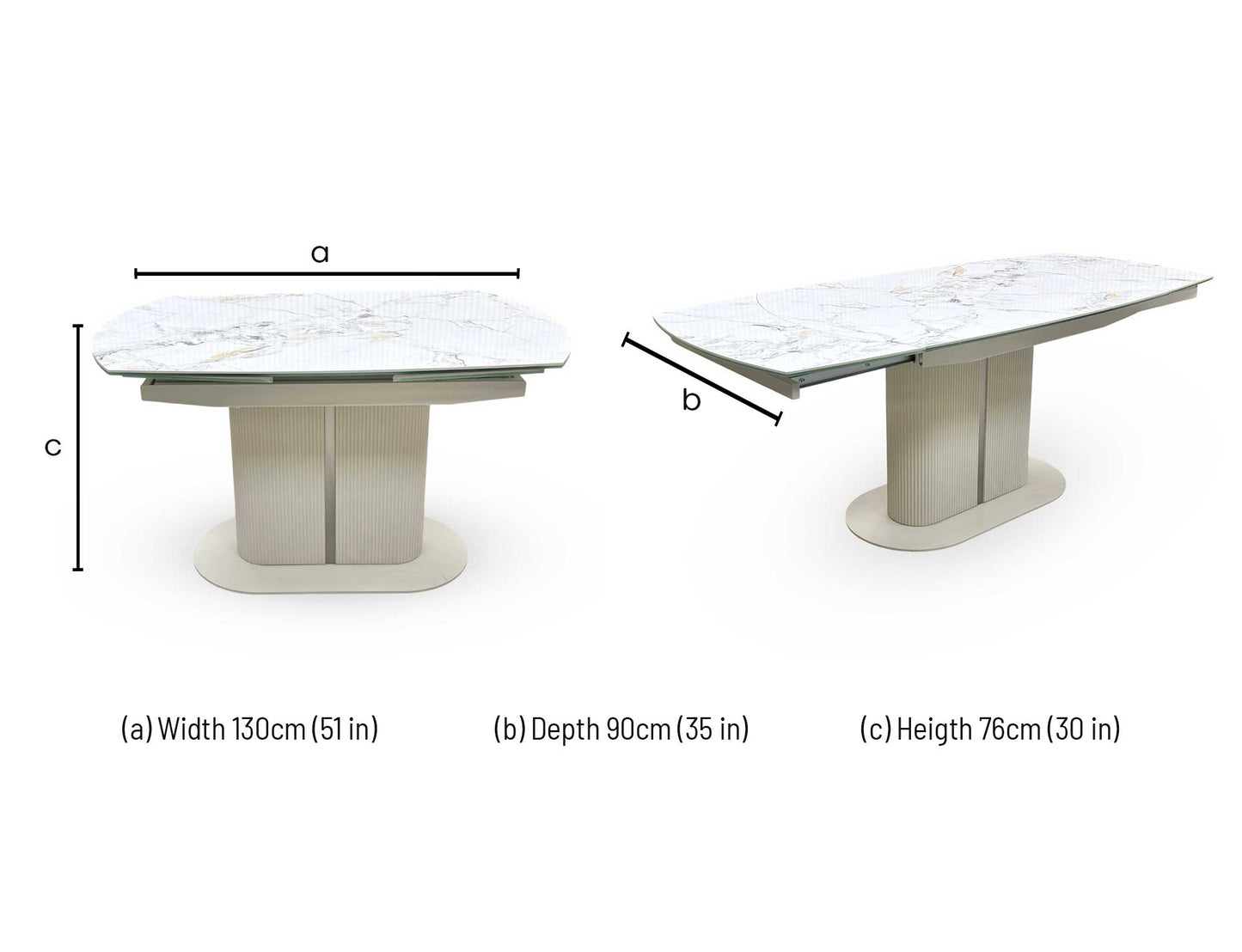 Technical dimension diagram for the Avorio Marble Effect Ceramic Top Swivel Extending Dining Table, detailing its full structural measurements.