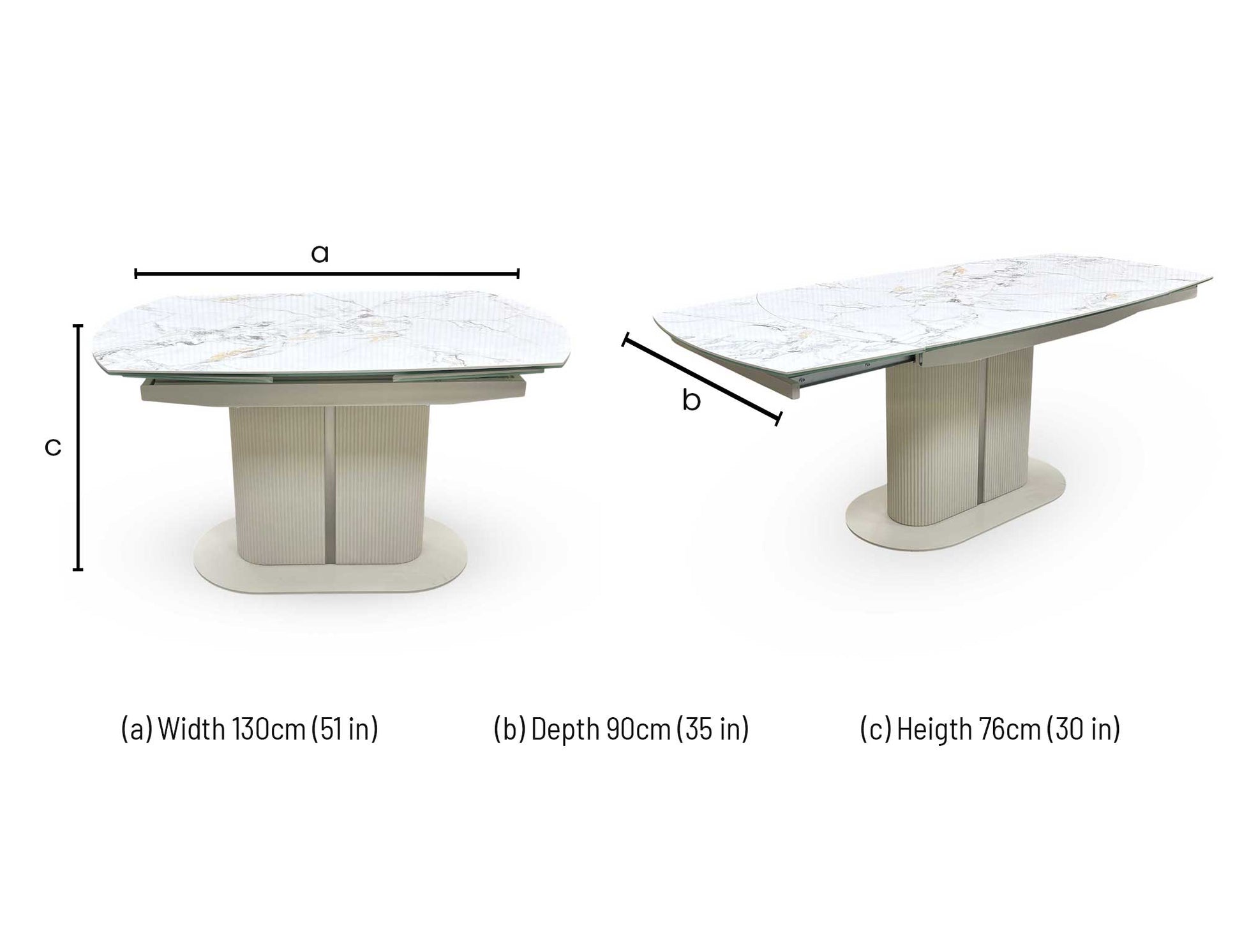 Technical dimension diagram for the Avorio Marble Effect Ceramic Top Swivel Extending Dining Table, detailing its full structural measurements.