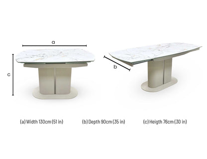 Technical dimension diagram for the Avorio Marble Effect Ceramic Top Swivel Extending Dining Table, detailing its full structural measurements.