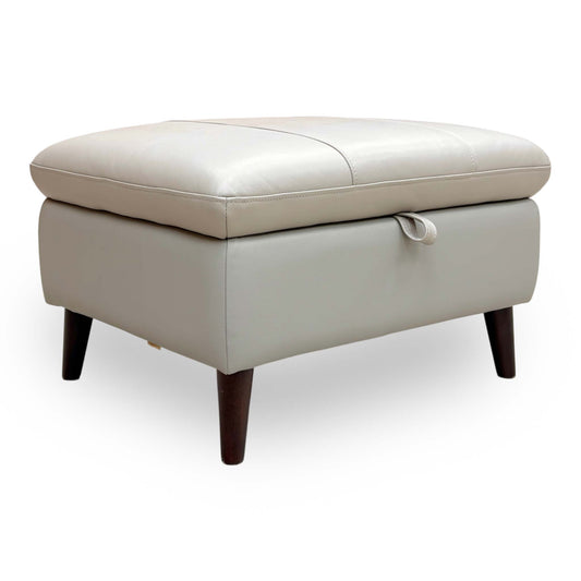 Full view of Winner Montana Lead Grey leather storage footstool featuring a rectangular design and tapered wood legs.