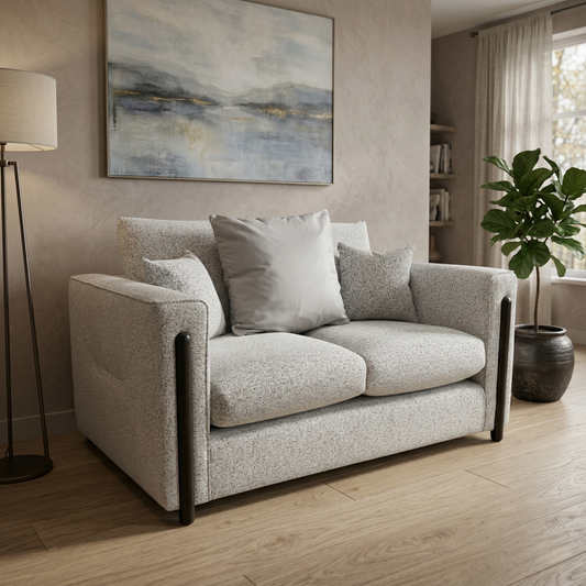 Living room view for the Barney 2-seater sofa, highlighting the premium Silver Zara fabric, space-saving design, and deep-filled comfort cushions.
