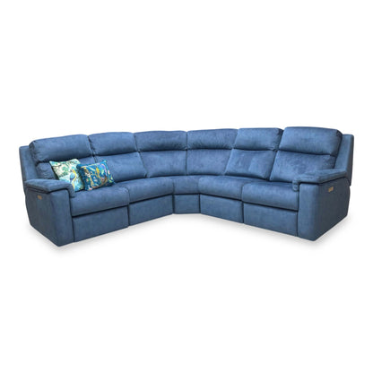 Front view of the 'G Plan Thornbury' power recliner corner sofa in Stingray Indigo velvet, featuring a spacious 2-corner-2 configuration and plush deep-buttoned backrests.