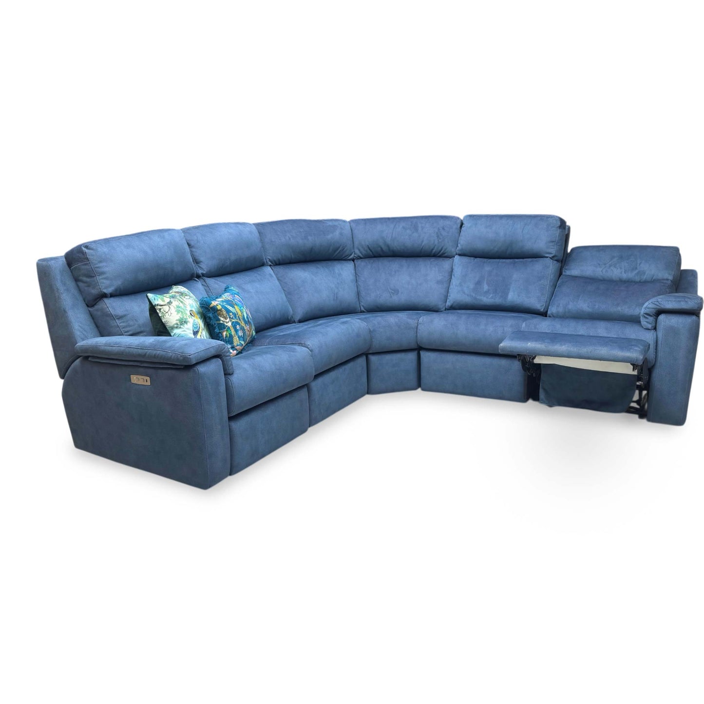 Full view of the 'G Plan Thornbury' power recliner corner sofa in Stingray Indigo velvet, featuring a spacious 2-corner-2 configuration and plush deep-buttoned backrests.