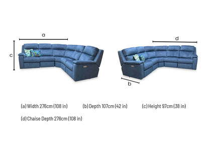 Technical dimension diagram for the ‘G Plan Thornbury’ Indigo Velvet Power Recliner Corner Sofa: Width 254cm x 254cm, Depth 107cm, Height 105cm.