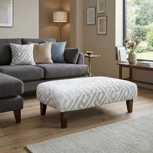 Living room for the Tabitha bench footstool, highlighting the premium woven Natural fabric, sturdy timber frame, and elegant Victorian-style casters.
