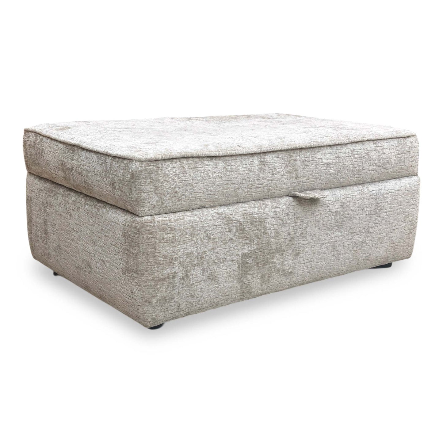 Full view of The ‘Sasha’ large storage footstool in Ivory White chenille fabric, featuring a modern square-profile design and a spacious flat surface.