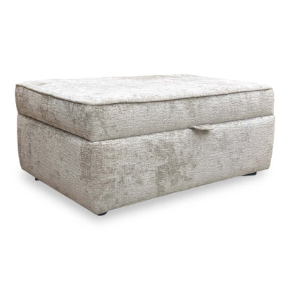 Full view of The ‘Sasha’ large storage footstool in Ivory White chenille fabric, featuring a modern square-profile design and a spacious flat surface.
