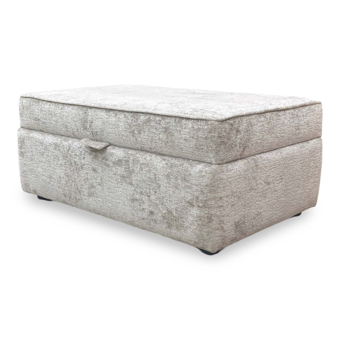 Front view of The Sasha footstool with the lid open, emphasizing the deep internal storage space and the high-quality lining of the compartment.