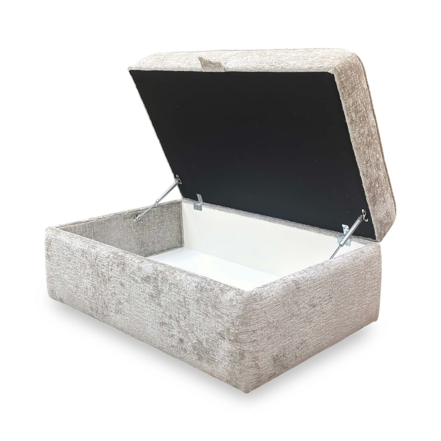 Side view of the ‘Sasha’ Ivory White Chenille Footstool, demonstrating the soft fabric texture and the smooth lift-top storage mechanism.