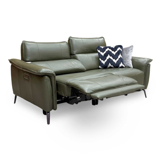 'Jude' Oslo Pine Green Leather 3 Seater Power Recliner Sofa with Telescopic Headrests