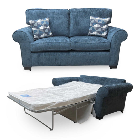 Full view of the ‘Hedingham’ 2-seater deluxe sofa bed in Neptune Blue Bromley chenille fabric, featuring a classic rolled arm design and elegant dark wood feet.