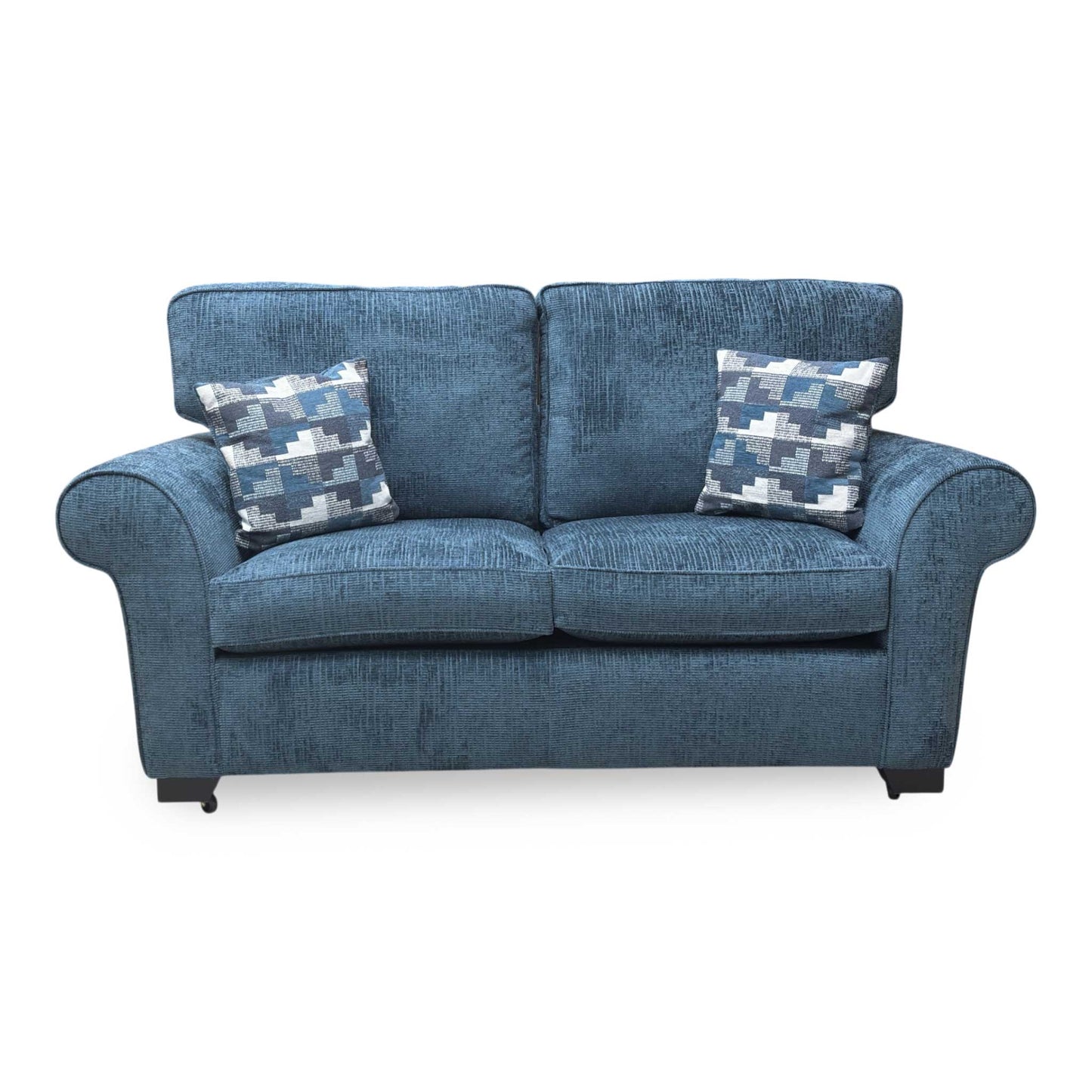 Front view of the Hedingham sofa in its bed configuration, emphasizing the sturdy metal frame and the comfortable deluxe sleeping surface for guests.