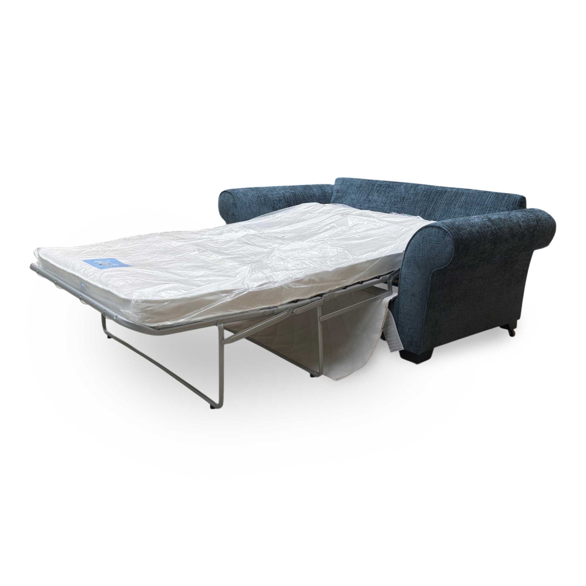 Side view for the Hedingham 2-seater sofa bed, highlighting the premium Neptune Blue chenille upholstery, easy-to-use pull-out mechanism, and deluxe mattress.