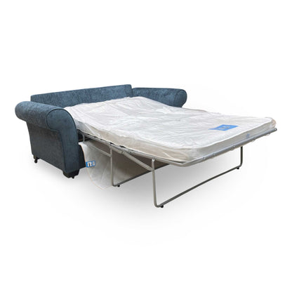 Side view for the Hedingham 2-seater sofa bed, highlighting the premium Neptune Blue chenille upholstery, easy-to-use pull-out mechanism, and deluxe mattress.