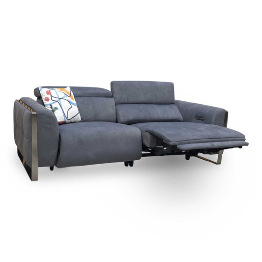 Full view of the ‘Gisella’ 3-seater power recliner sofa in Dexter Shadow charcoal grey velvet, featuring a modern aesthetic with sleek metal feet.