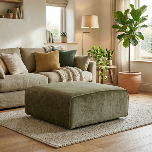Living room view for the Garland large square footstool, highlighting the premium California Olive Green upholstery and versatile multi-functional use.