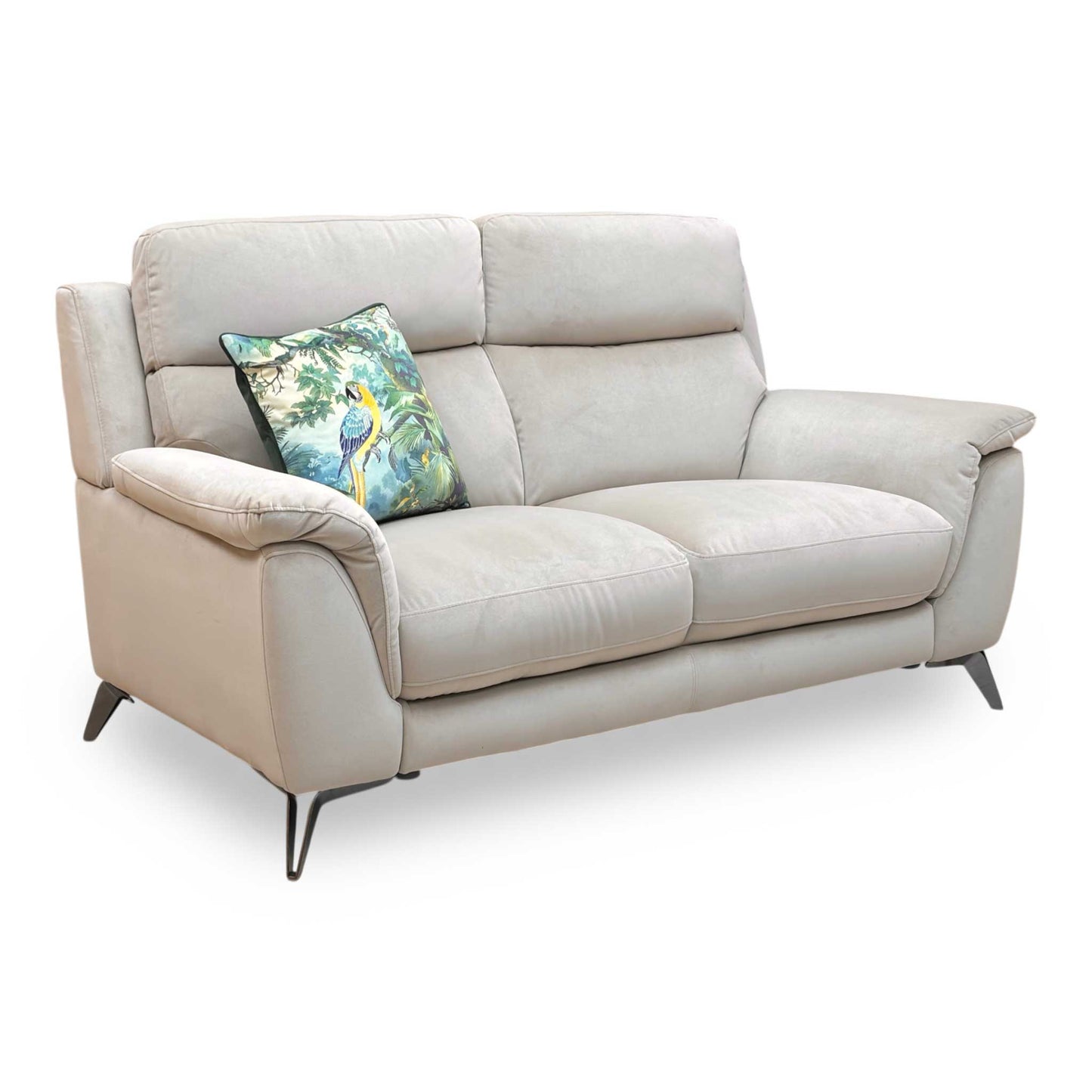 Full view of the ‘Contempo’ 2-seater sofa in Light Khaki velvet, featuring a sleek modern silhouette, deep-filled cushions, and minimalist dark metal feet.