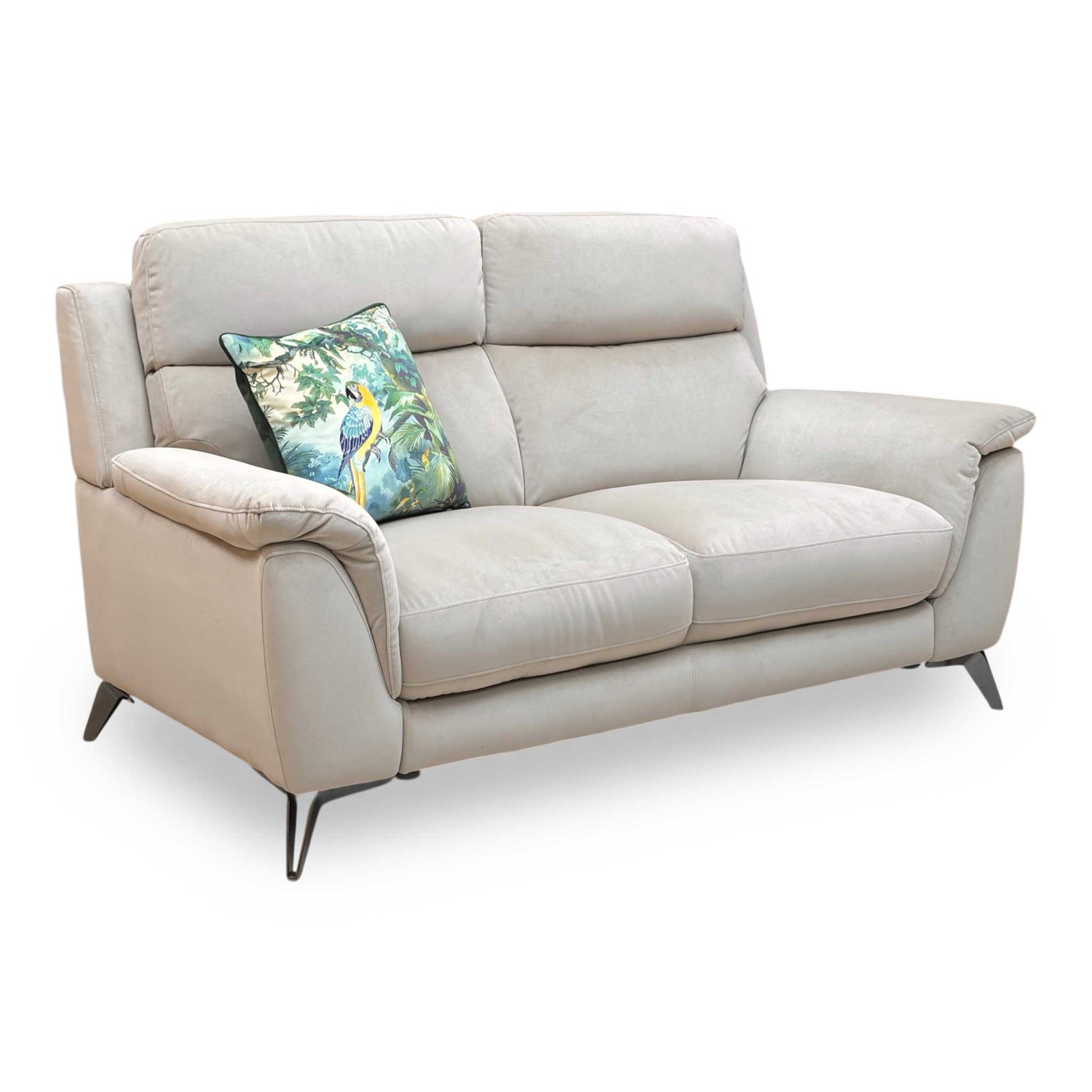 Full view of the ‘Contempo’ 2-seater sofa in Light Khaki velvet, featuring a sleek modern silhouette, deep-filled cushions, and minimalist dark metal feet.