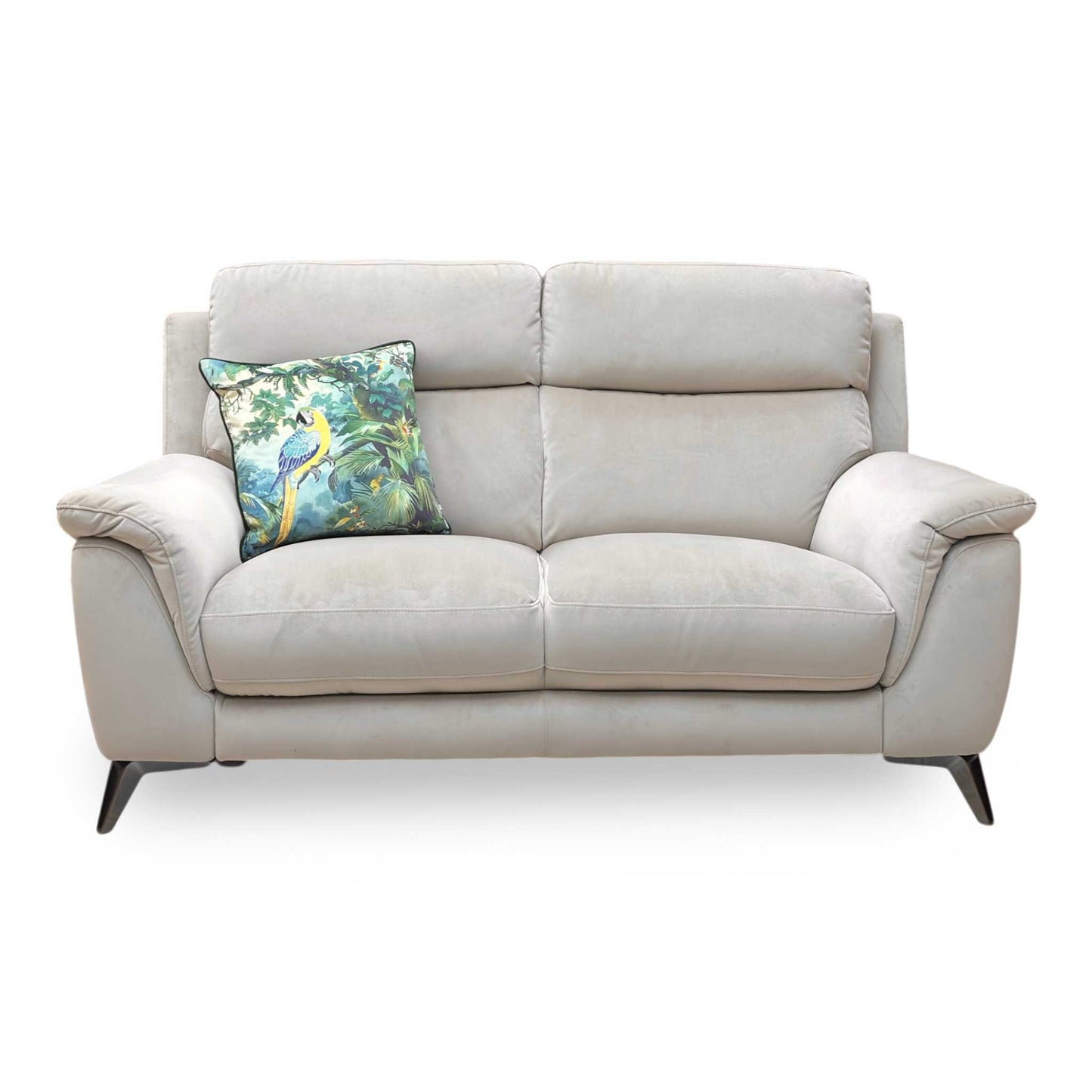 Front shot of the modern dark metal feet, showing the high-quality craftsmanship and stable support of the sofa base.