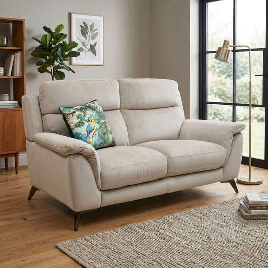 Living room view for the Contempo 2-seater sofa, highlighting the luxurious Light Khaki velvet upholstery, compact design, and premium comfort.