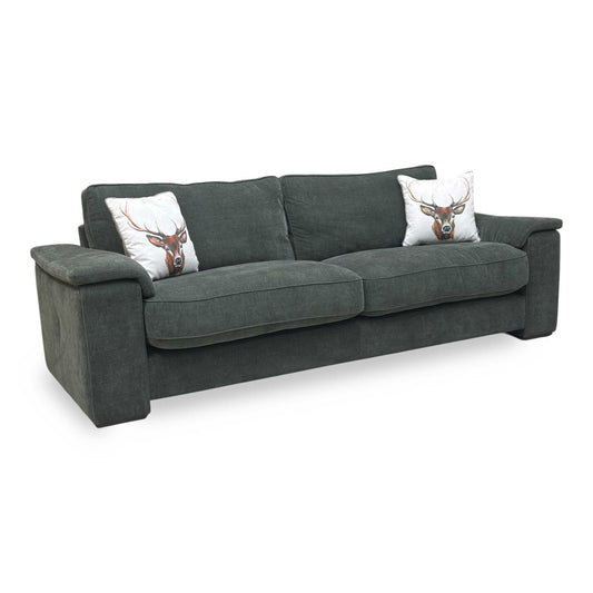 Full view of the ‘Boxy’ 4-seater midi arm sofa in Moss Green linen fabric, featuring a modern square-profile design, classic back cushions, and a spacious 240cm width.