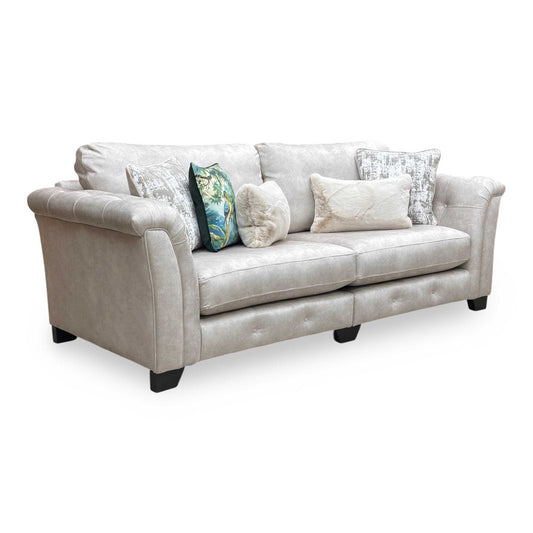 Full view of the ‘Aura’ 4-seater sofa in Kenzo Cream velvet, featuring a classic back design, elegant track arms, and a practical split-frame for easy home delivery.