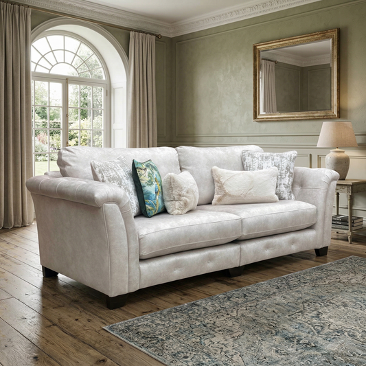 Living view for the Aura 4-seater sofa, highlighting the luxurious Kenzo Cream velvet upholstery, spacious seating area, and split-frame construction.