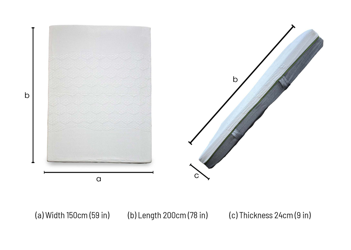Technical dimension diagram for the Emma Diamond Spring-Free Deluxe King Mattress: 150cm x 200cm x 29cm.