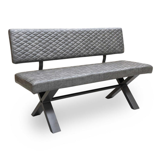 Full view of the ‘Earth’ high-back dining bench in Graphite Grey faux leather, featuring a modern quilted backrest and sleek black tapered metal legs.