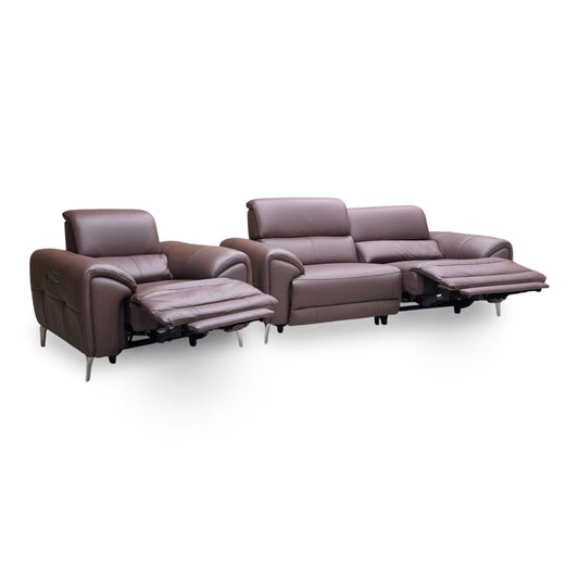 ‘Vino’ Oslo Mulberry  Red Leather 3 Seater Power Recliner Sofa with Power  Headrests and Heated Seats + Power Chair with Heated Seats