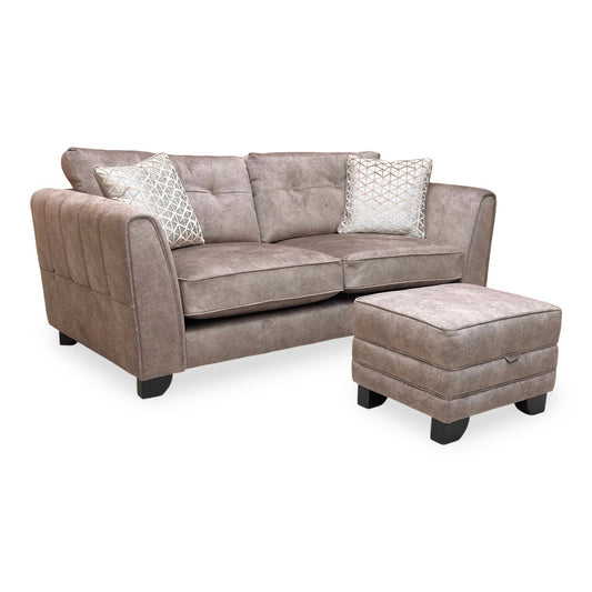 ‘Mariah’ Dapple Chocolate-Tri No Insert Velvet 3 Seater Classic Back Sofa + Small Storage Footstool