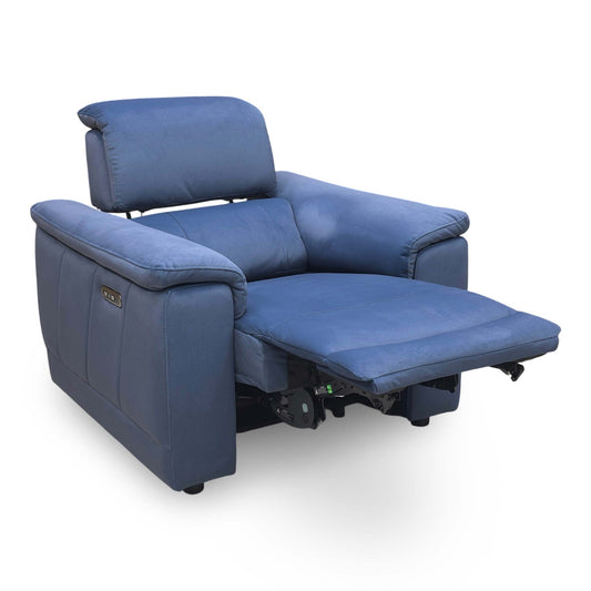 Full view of the ‘Genius’ power recliner armchair in Bella Navy Blue velvet, featuring a modern high-back design and sleek dark metal legs.