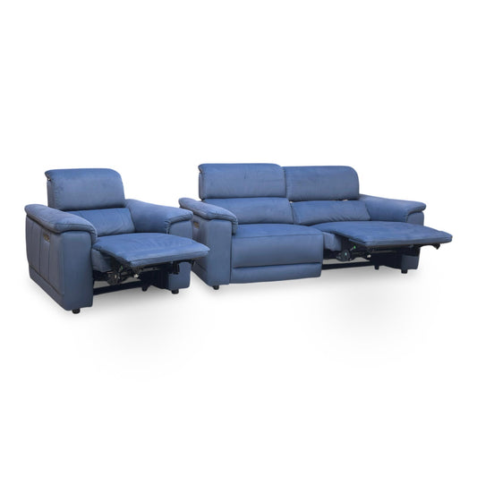 ‘Genius’ Bella Navy Blue Velvet 3 Seater Power Recliner Sofa with Power Headrests + Power Chair