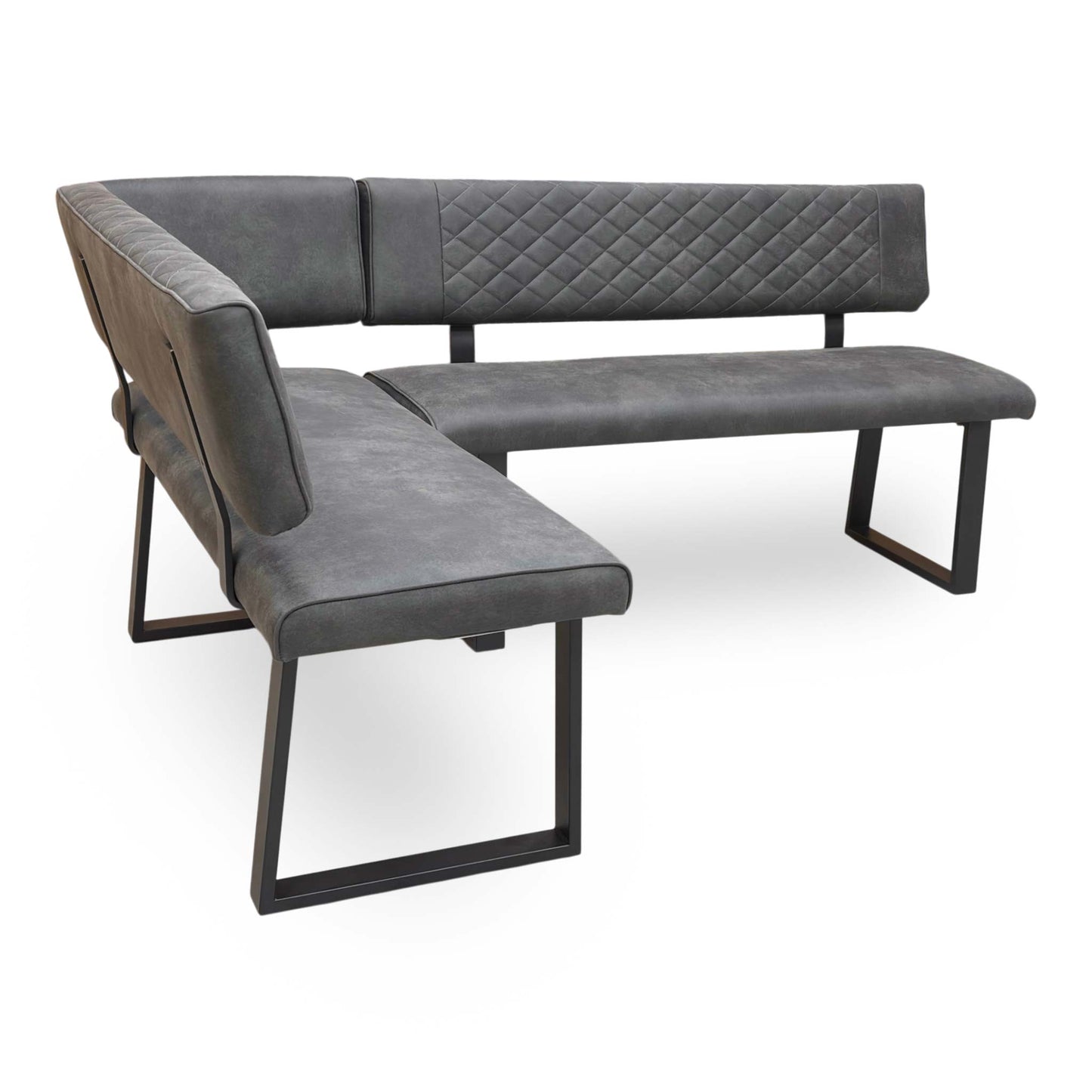 Side profile of the corner bench, showcasing the clean lines of the design and the sophisticated tapered black metal legs.