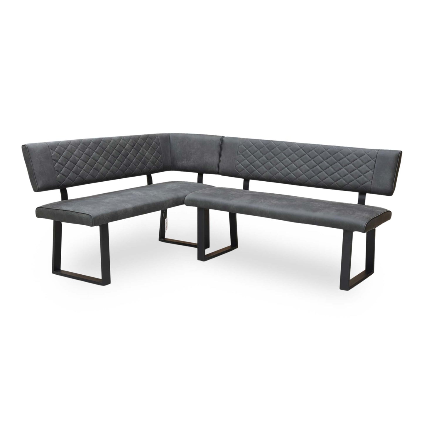 Full view of the 'Warrior' left-hand facing corner dining bench in a contemporary grey fabric, featuring a quilted backrest and sturdy black metal legs.