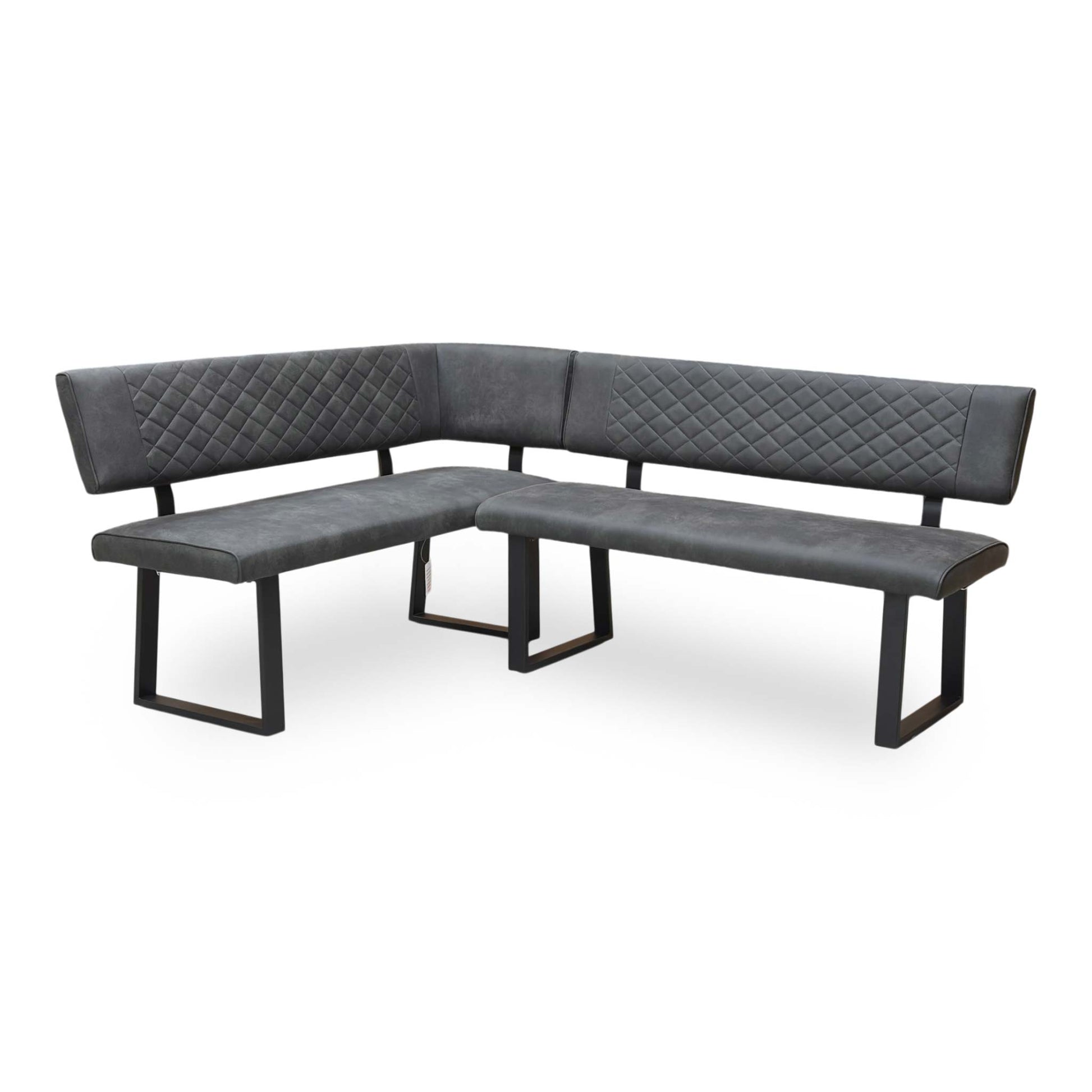 Full view of the 'Warrior' left-hand facing corner dining bench in a contemporary grey fabric, featuring a quilted backrest and sturdy black metal legs.