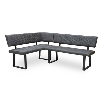 Full view of the 'Warrior' left-hand facing corner dining bench in a contemporary grey fabric, featuring a quilted backrest and sturdy black metal legs.