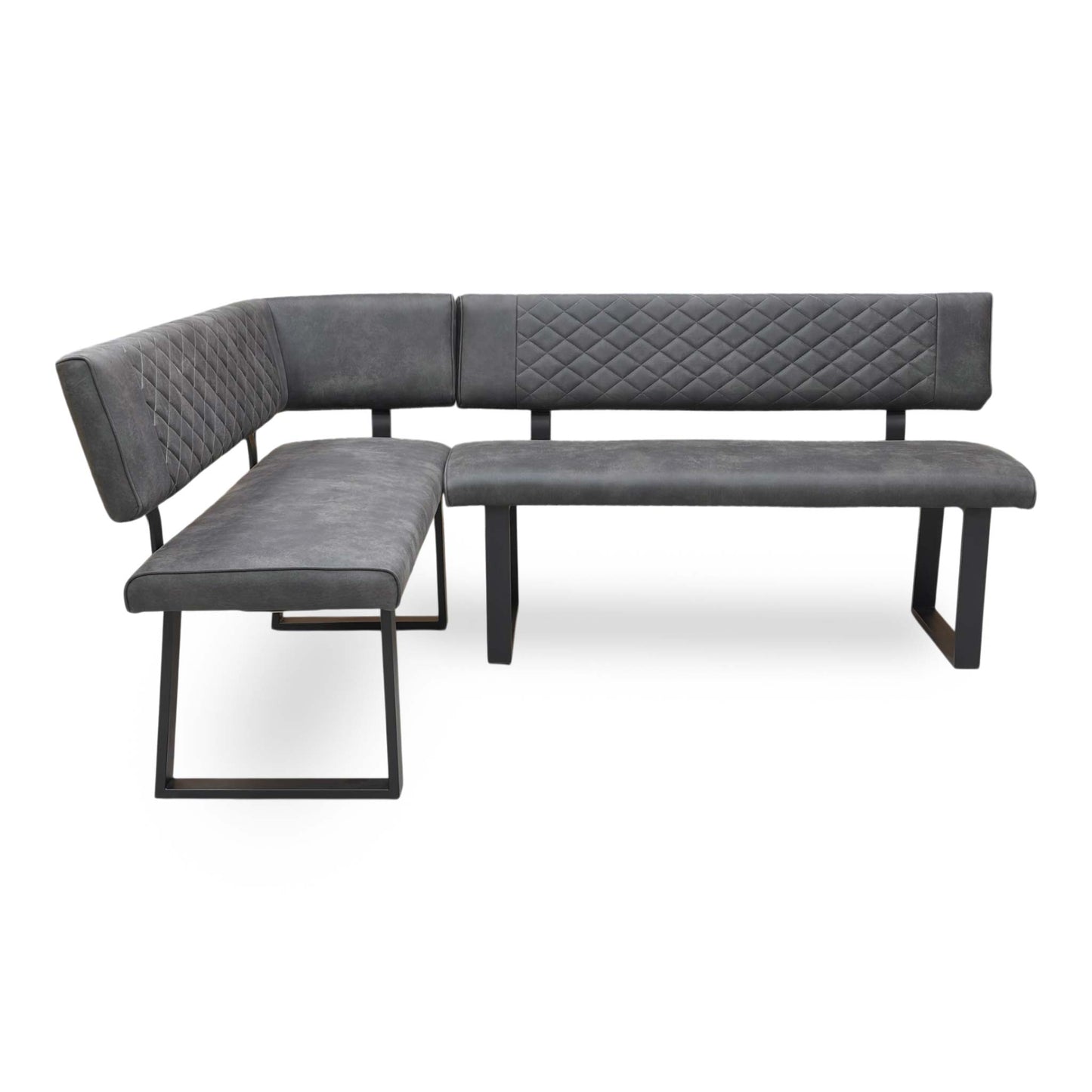Side profile of the corner bench, showcasing the clean lines of the design and the sophisticated tapered black metal legs.