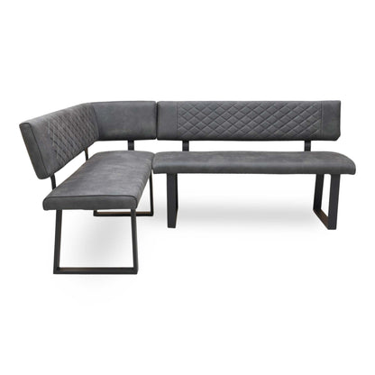 Side profile of the corner bench, showcasing the clean lines of the design and the sophisticated tapered black metal legs.