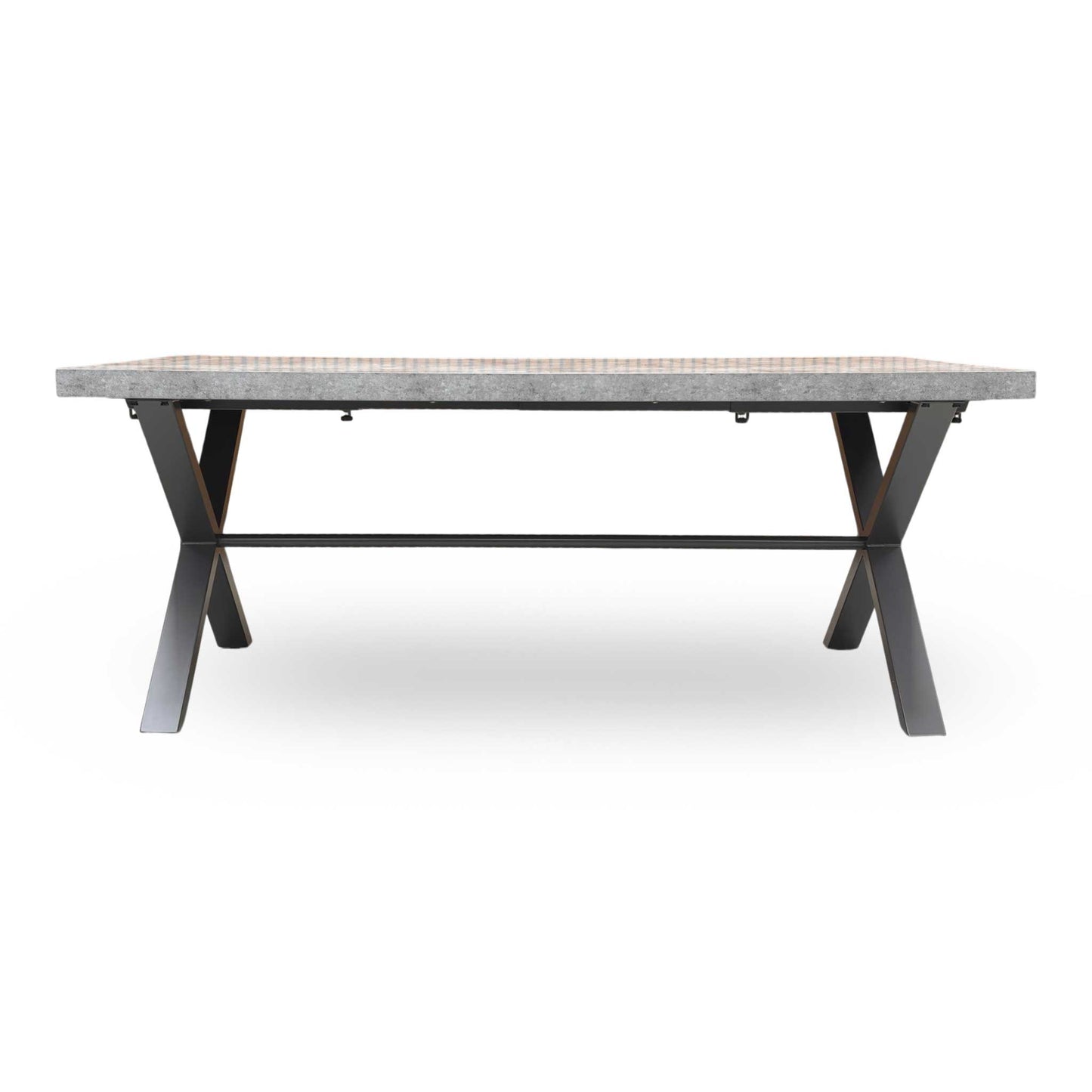 The Moon table in its extended configuration, illustrating the increased seating capacity with the 50cm leaf attached to reach a total length of 240cm.