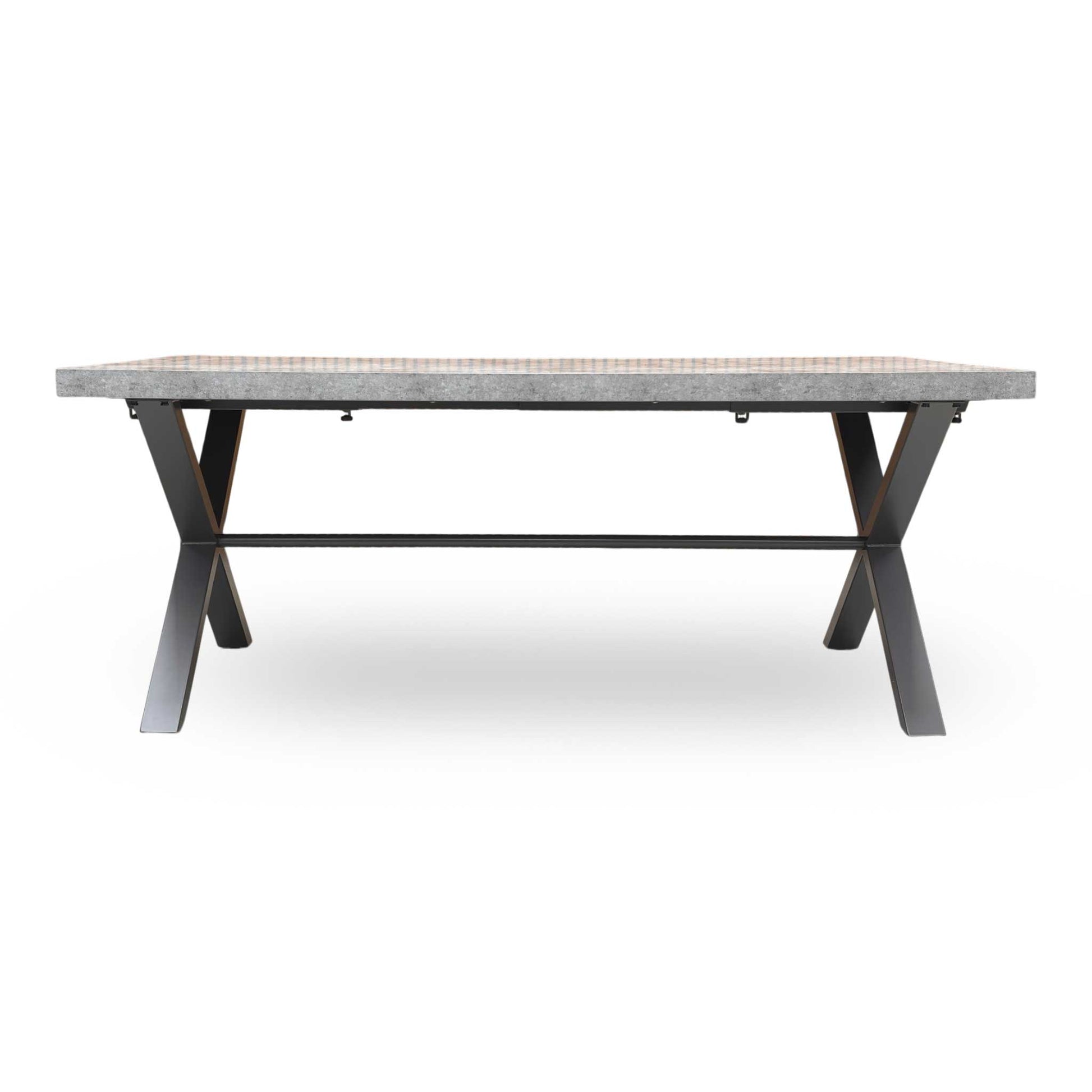 The Moon table in its extended configuration, illustrating the increased seating capacity with the 50cm leaf attached to reach a total length of 240cm.