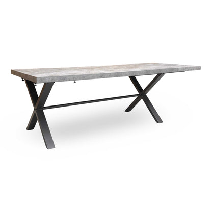 Front view of the 'Moon' large 190cm fixed dining table featuring a modern grey concrete-effect top and a striking black metal spider leg base.
