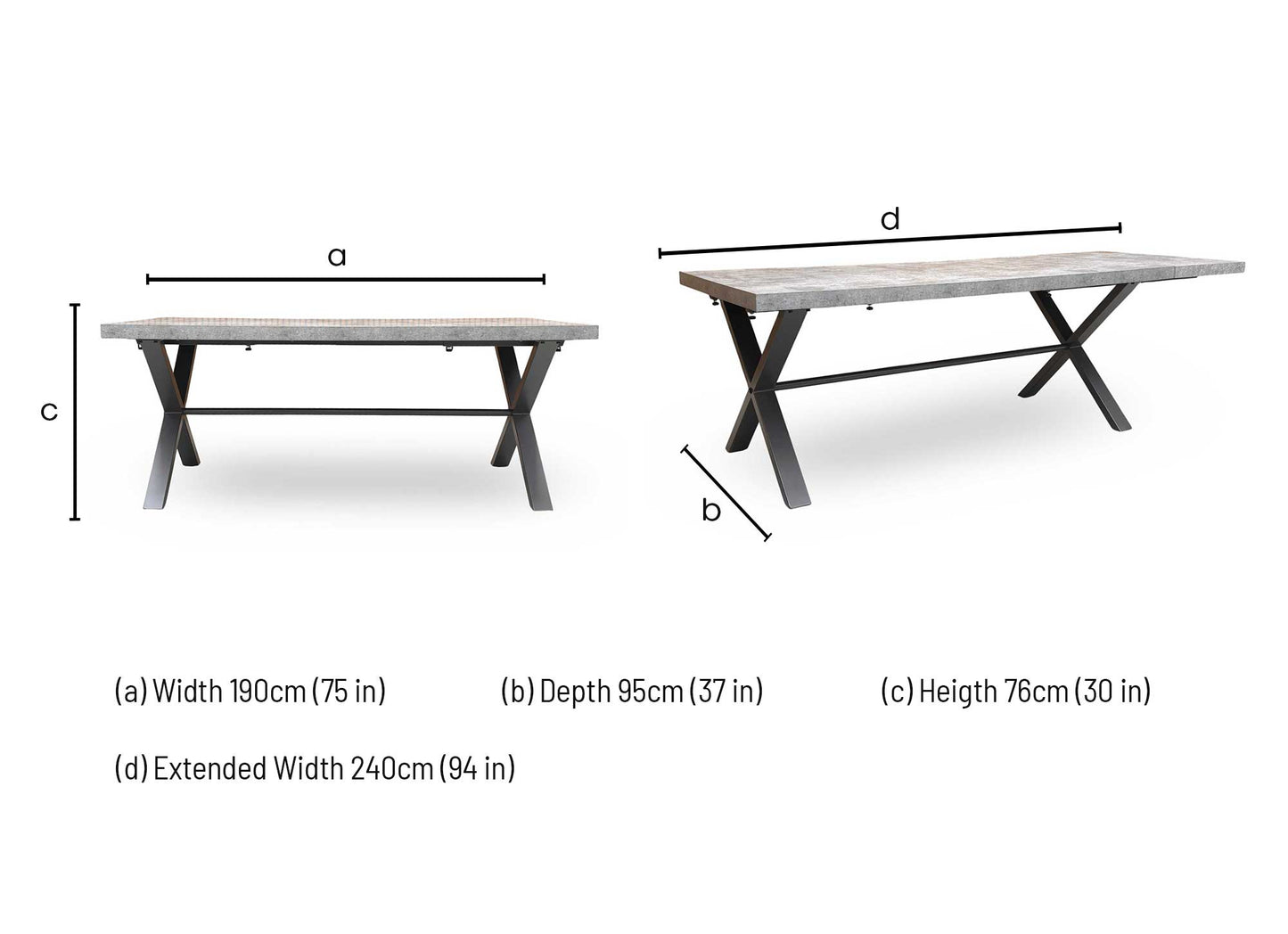 Technical dimension diagram for the ‘Moon’ Grey Concrete Effect Dining Table: Width 190cm (Extends to 240cm), Depth 100cm, Height 76cm.