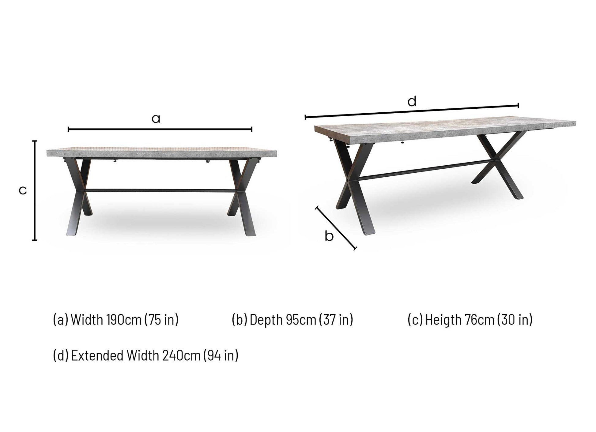 Technical dimension diagram for the ‘Moon’ Grey Concrete Effect Dining Table: Width 190cm (Extends to 240cm), Depth 100cm, Height 76cm.