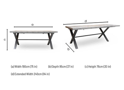 Technical dimension diagram for the ‘Moon’ Grey Concrete Effect Dining Table: Width 190cm (Extends to 240cm), Depth 100cm, Height 76cm.